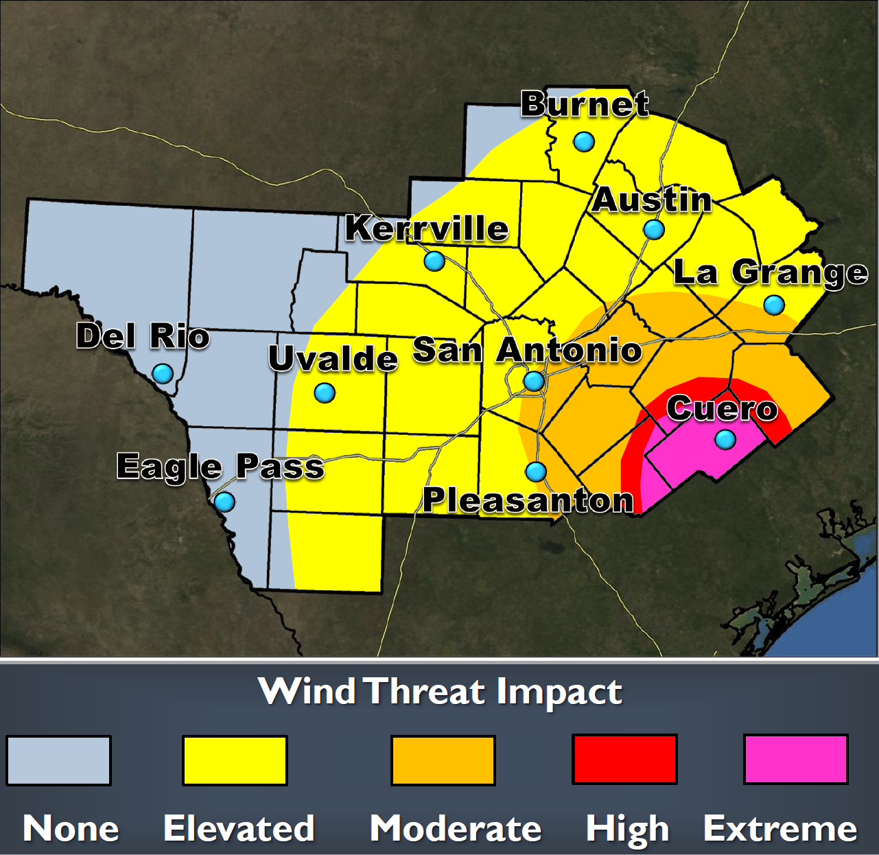 A graphic shows that Harvey while not inland still packs significant winds, in some places at near the coast still at extreme levels.